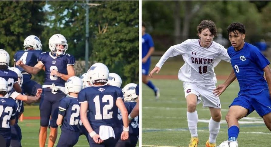 Bottom left displays MSW Football preparing for a game and bottom right shows Reggie Duque dribbling the soccer ball.