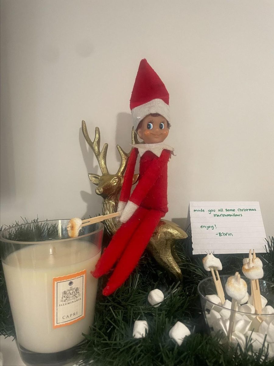 Elvin The Elf roasting marshmallows over a candle. 