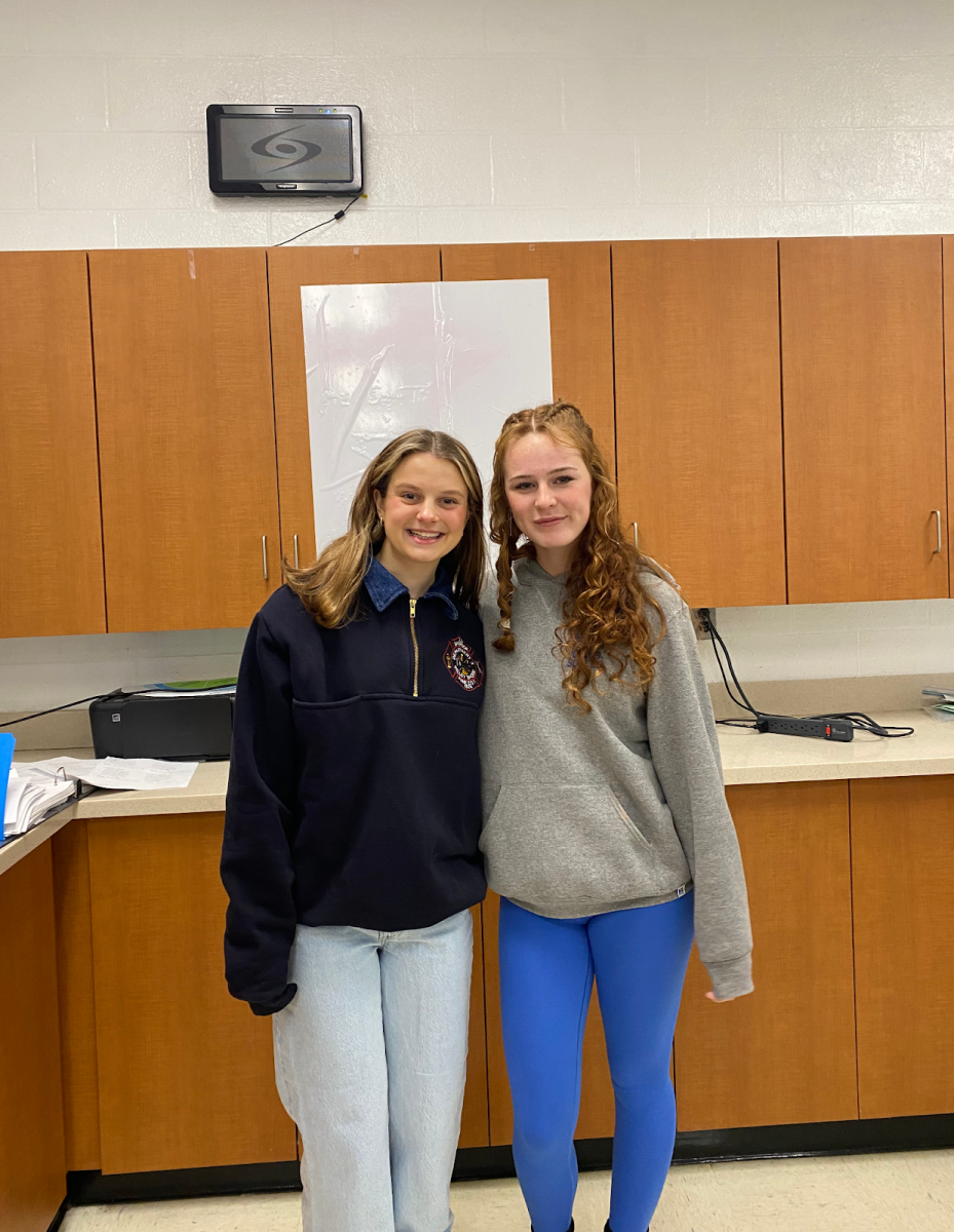 Cali Morelli and Ellie Pennington–two student speakers at the school assembly.