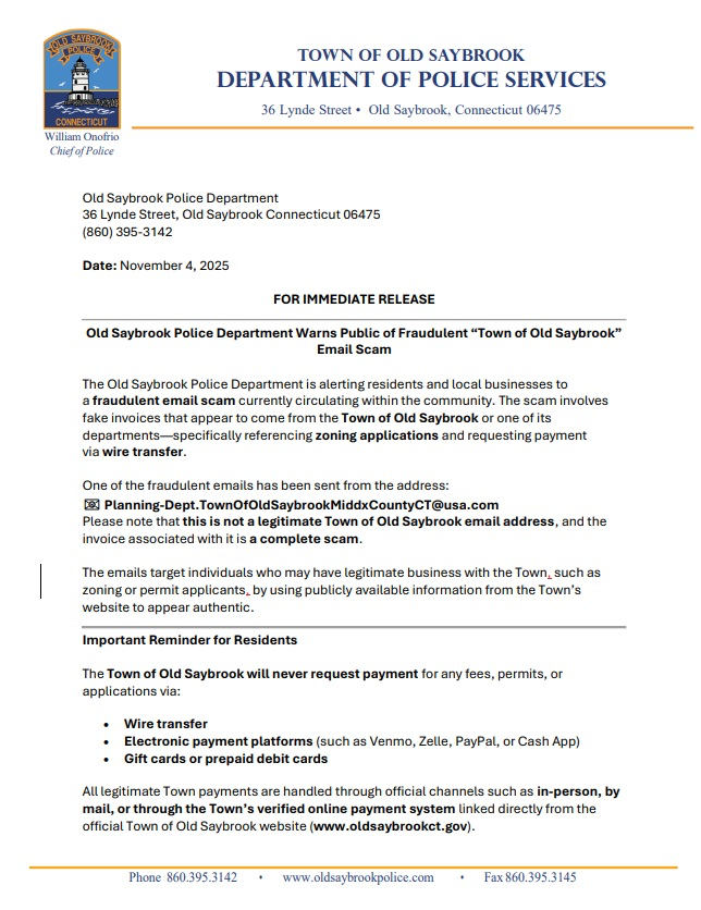 Recent email scams plague Old Saybrook business owners and residents  with fake invoices, officials say