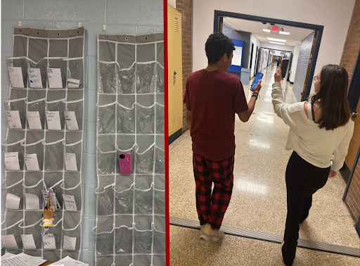 A side by side of a “phone jail” in Dr. Milton's classroom, 
and students on their phones during school.

